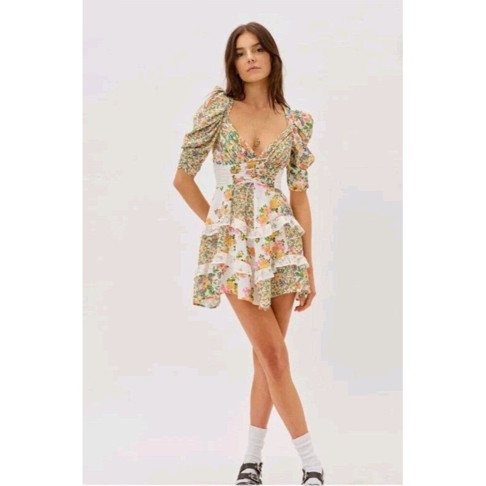For Love & Lemons Rosalyn Mini Dress Floral Lace Ruffle Babydoll Size Medium